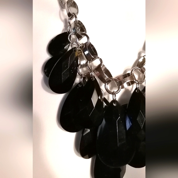 Elegant Black Acrylic Drop Silver Tone Statement Necklace - Picture 2 of 3